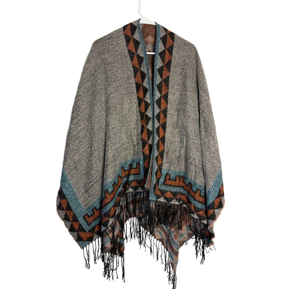 omen's Southwestern Aztec Geometric Fringe Poncho / Open Front Wrap (One Size)